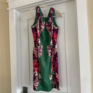 Ann Taylor Green Dress with Pink and Purple Floral Panels